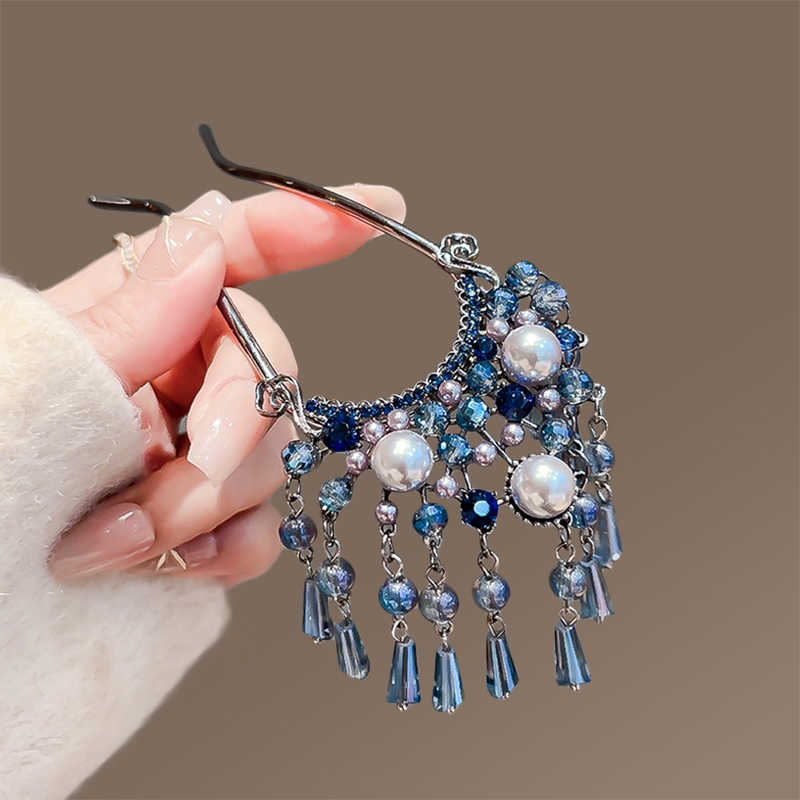 新中式珍珠流苏U型发簪女新款高级感步摇簪子后脑勺盘发头饰发钗