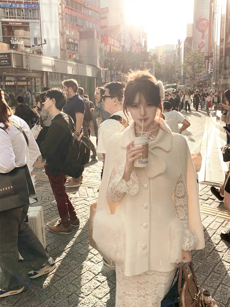 长泽雅美 毛呢羊毛30%绒斗篷千金外套双色高级感中长款纯色大衣