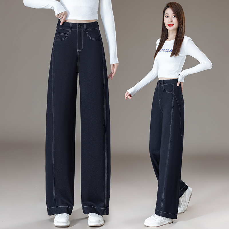 拉夏贝尔藏青色弯刀阔腿裤2025春秋新款时尚高腰显瘦慵懒风牛仔裤