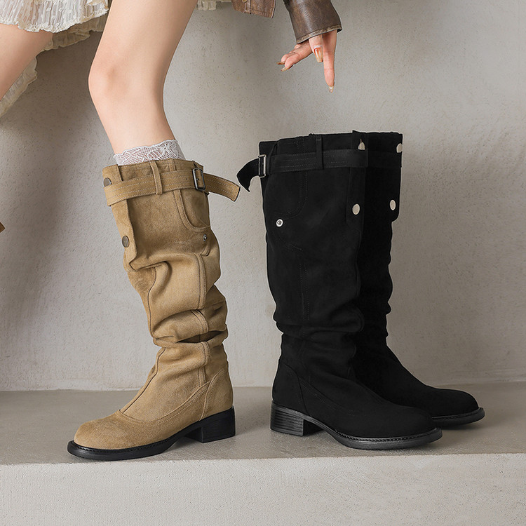 跟高4cm 复古百搭粗跟堆堆靴秋冬法式气质韩版简约时尚两穿高筒靴