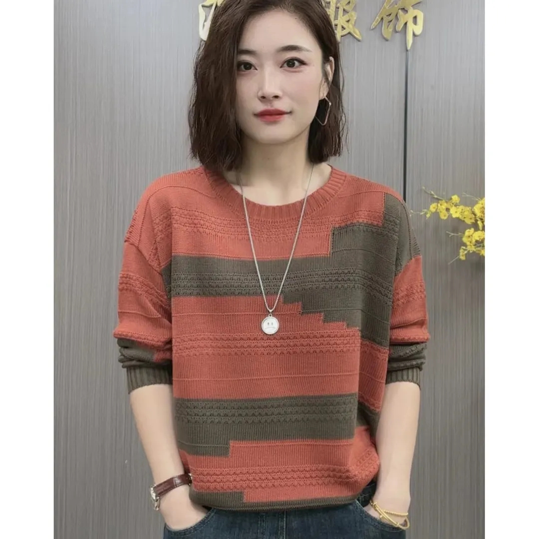 圆领拼色针织衫女2024春秋新款洋气减龄小众韩版休闲百搭显瘦上衣