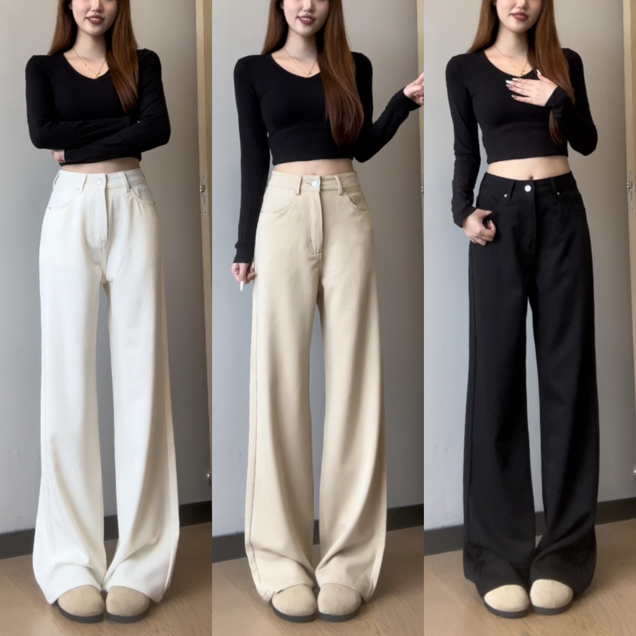 YZY 卡其色【抗皱垂顺面料】窄版阔腿YKK拉链显瘦百搭宽松微弹牛仔