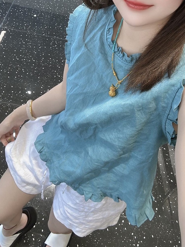 韩系温柔风木耳边拼接无袖背心女夏季新款极简风休闲气质百搭上衣