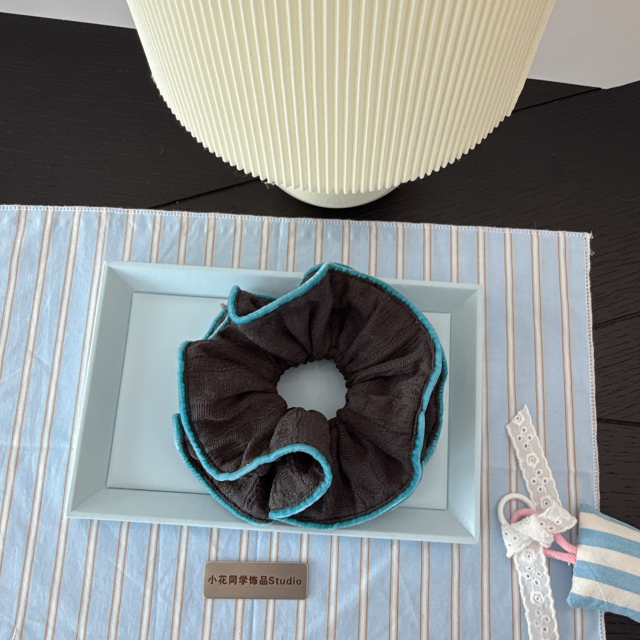 双层 韩国饰品2025新款碳灰色毛线针织蓝色丝绒小蛮腰发圈大肠圈