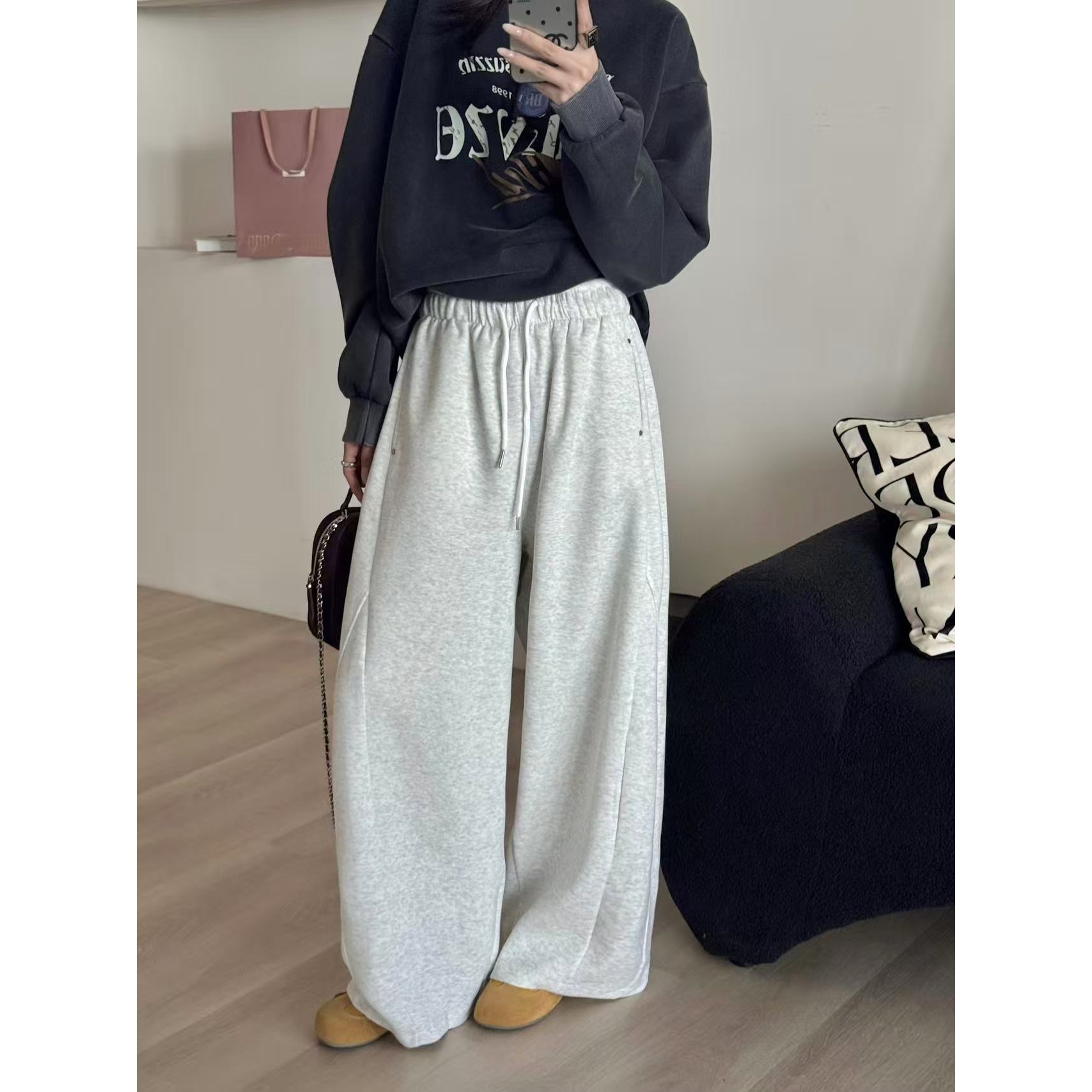 SP 时髦简约高腰宽松显瘦百搭阔腿裤弯刀休闲裤潮卫裤