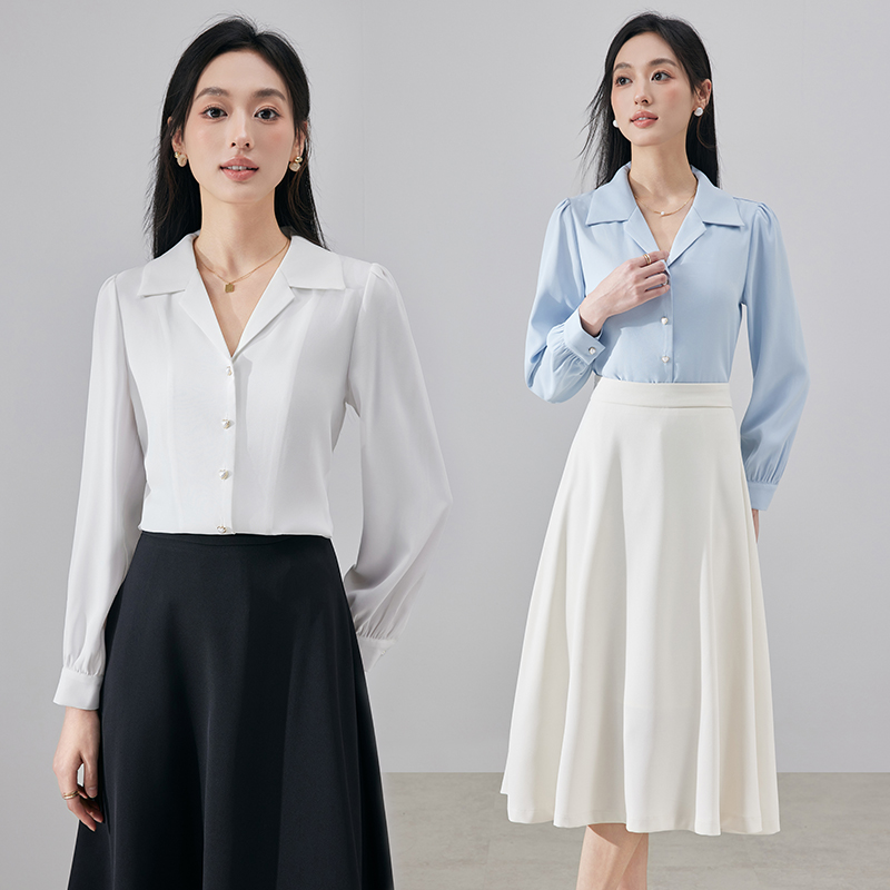 白色v领长袖衬衫女西装内搭通勤上衣职业装面试套装正装衬衣1850