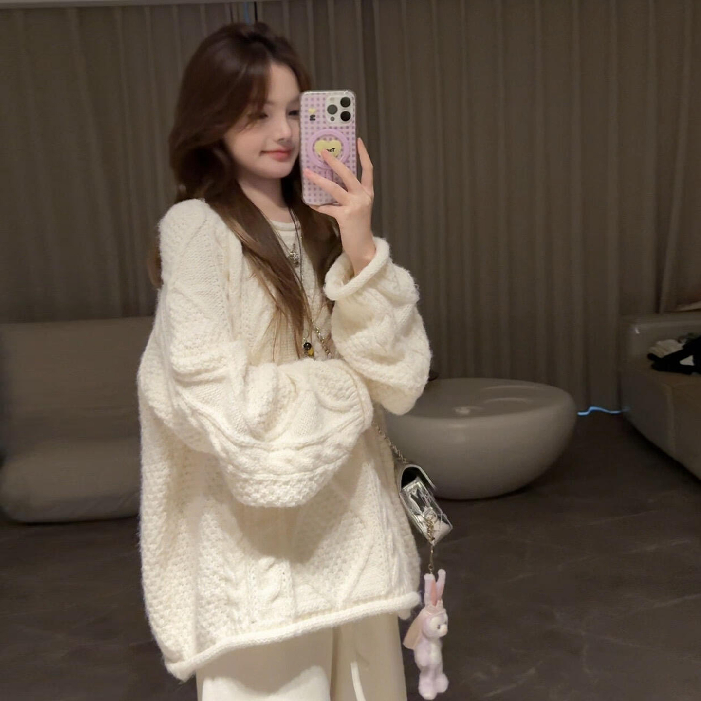 韩系早秋穿搭套装2025年新款慵懒风高级感白色针织毛衣长裤两件套