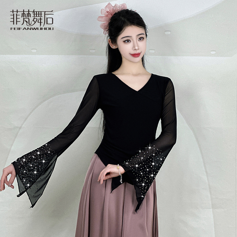 菲梵舞后新款舞蹈练功服装透气网纱现代古典舞上衣烫钻广场舞表演