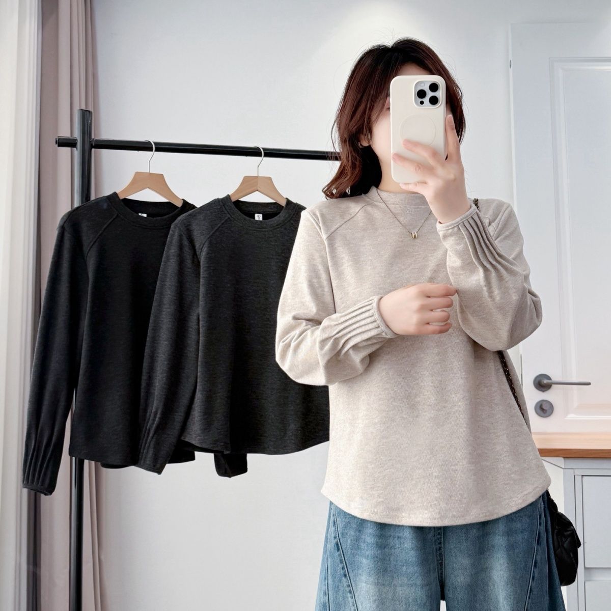 大码女装胖mm秋冬打底半高领T恤新款宽松休闲长袖显瘦设计感百搭