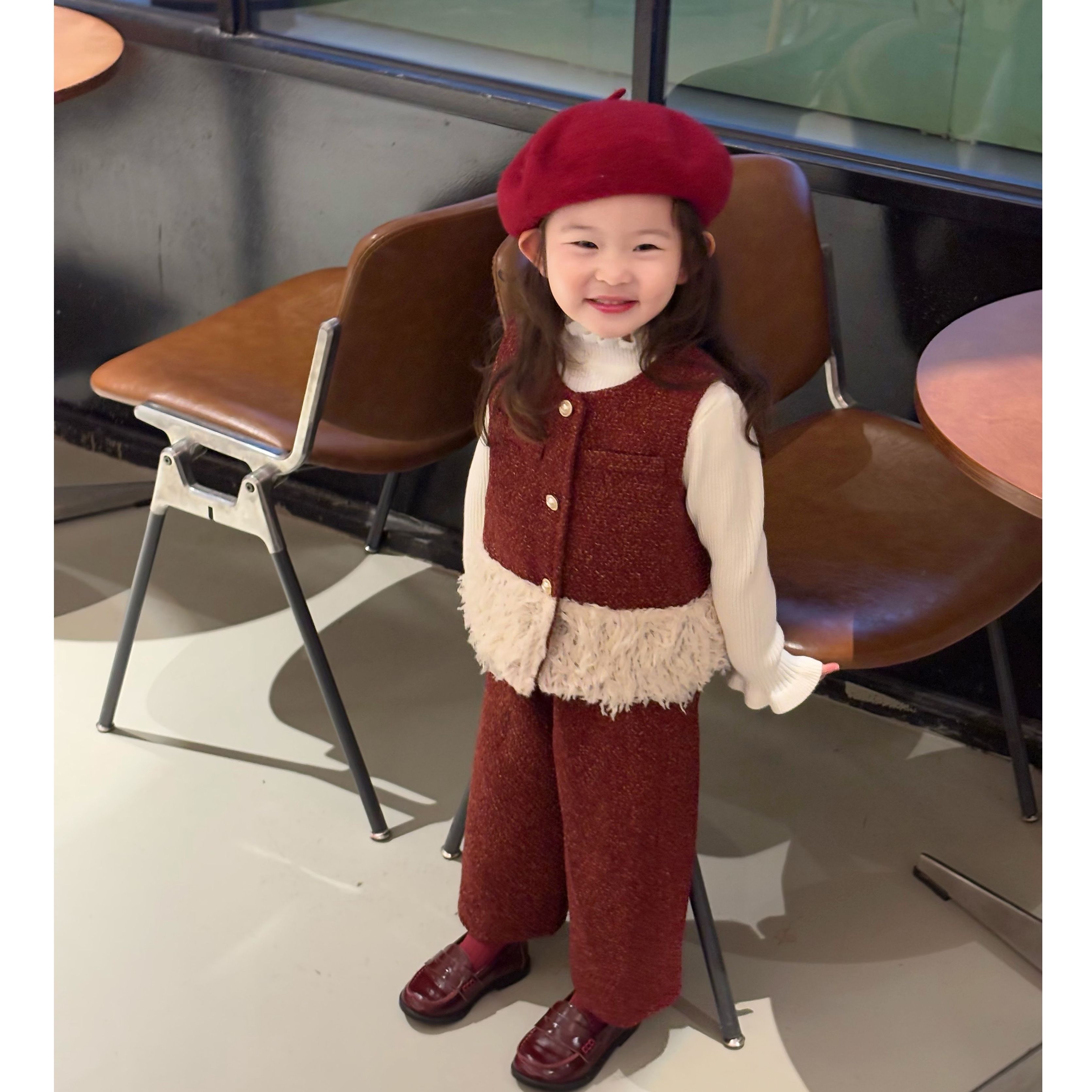 现货童装女童新年战袍套装秋冬小香风儿童洋气红色夹棉马甲阔腿裤