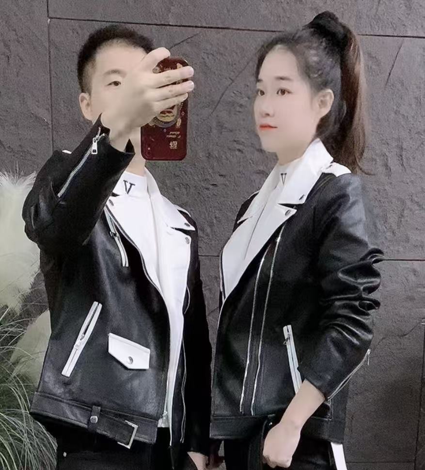 春秋新款情侣同款斜拉链机车服皮夹克修身潮流秋冬新款休闲短外套