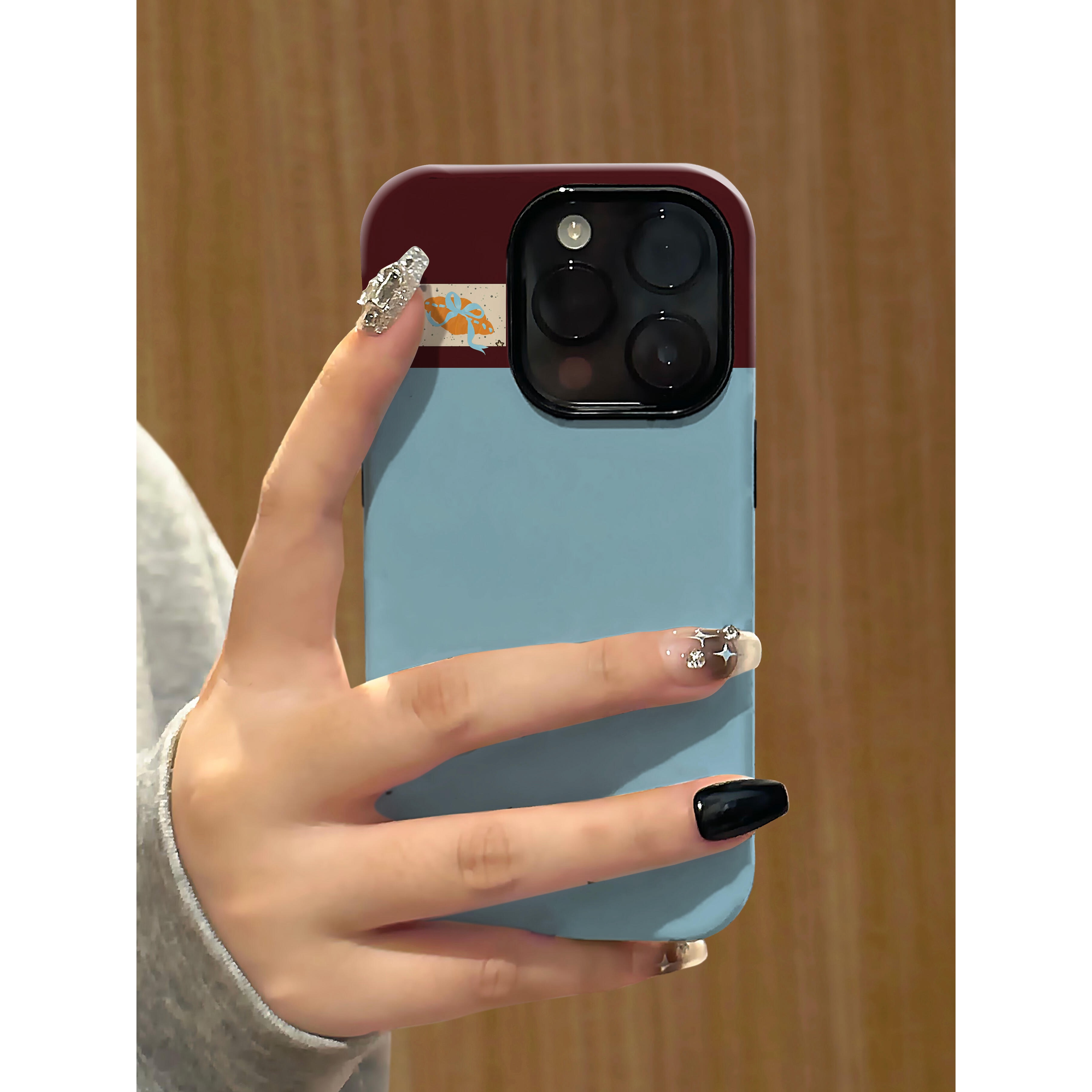 蓝棕牛角包适用苹果/华为/OPPO/VIVO/小米/红米菲林二合一手机壳