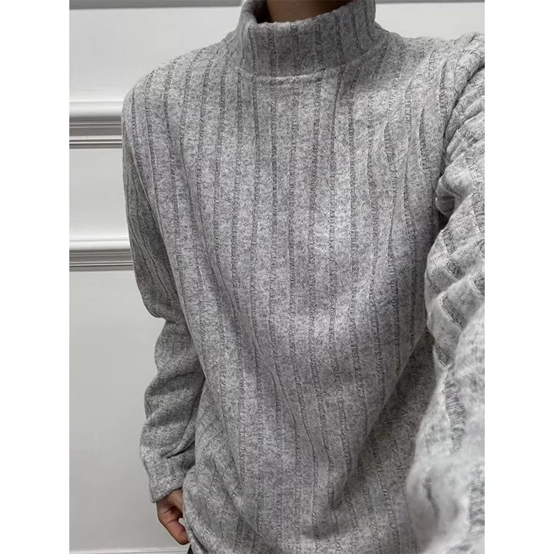 灰色坑条半高领重磅套头卫衣男秋冬美式复古潮牌大码宽松上衣外套