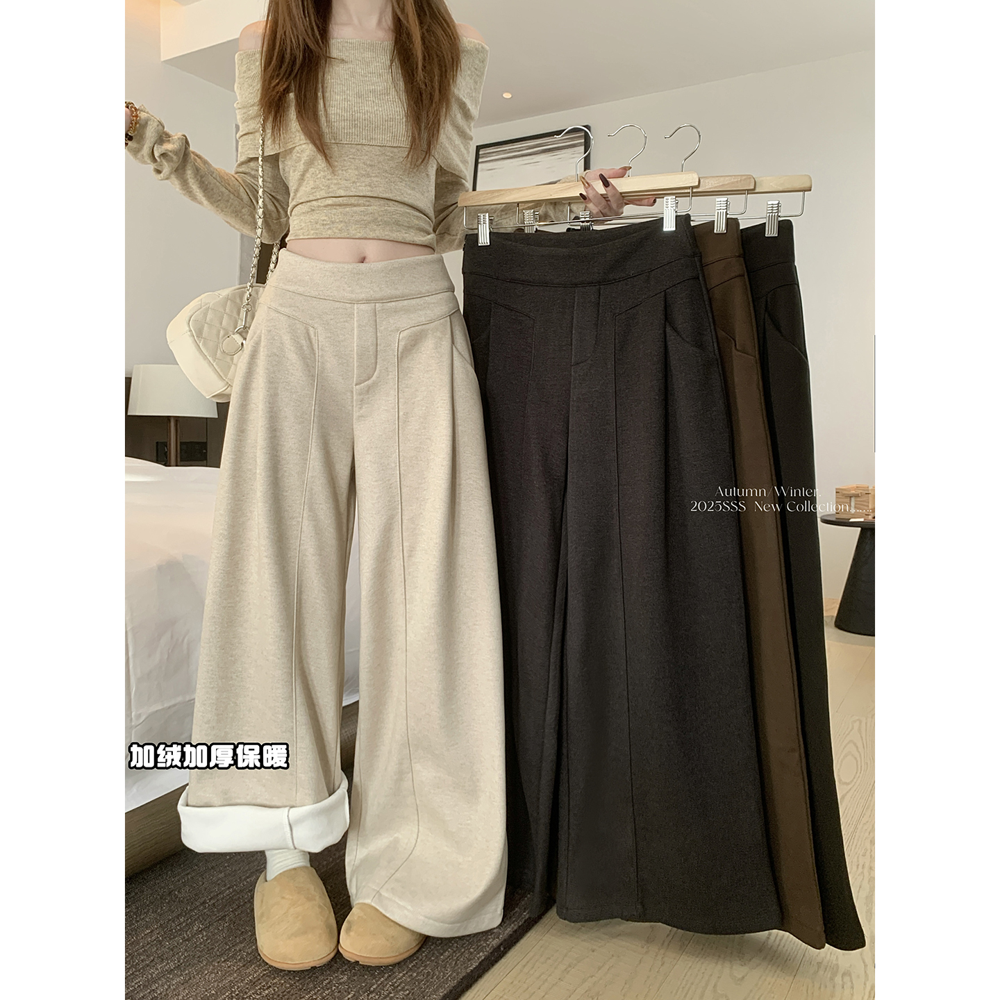 2025新款j设计感呢子阔腿裤女垂感宽松加绒休闲裤子