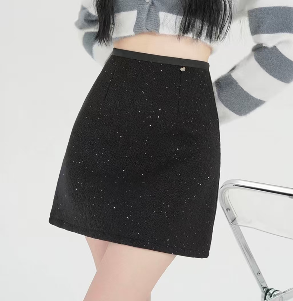 大码亮片半身裙女秋冬季胖MM精致闪闪星空毛呢包臀高腰a字短裙子