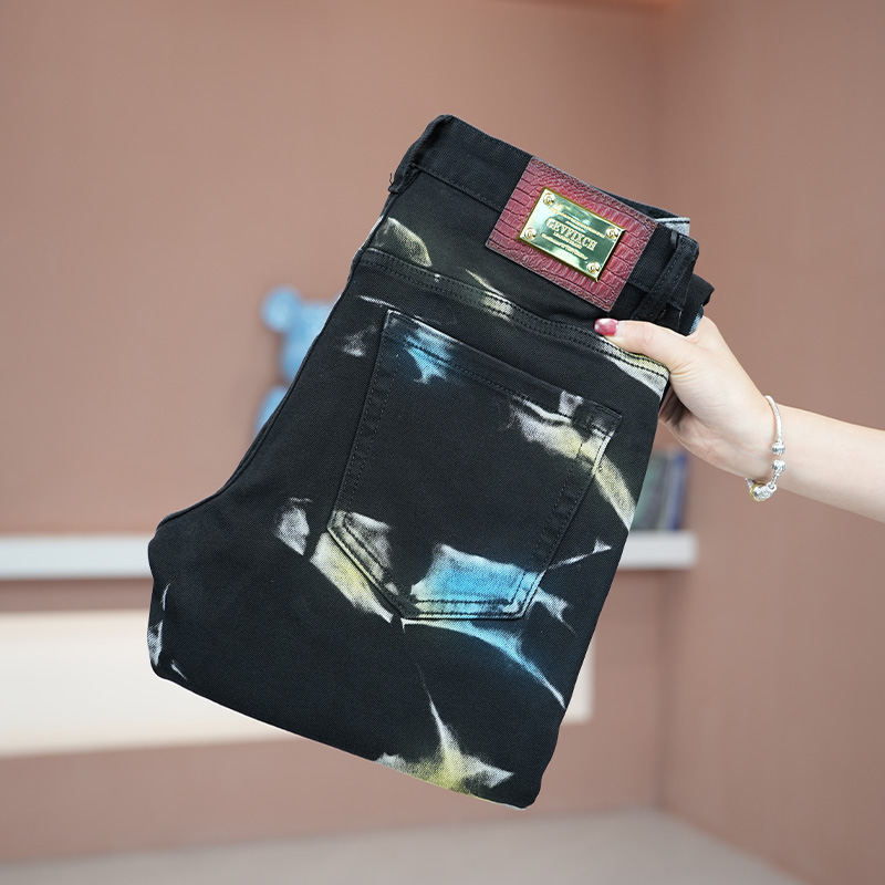 秋冬彩色水墨扎染个性设计男士牛仔裤黑色修身时尚潮流轻奢