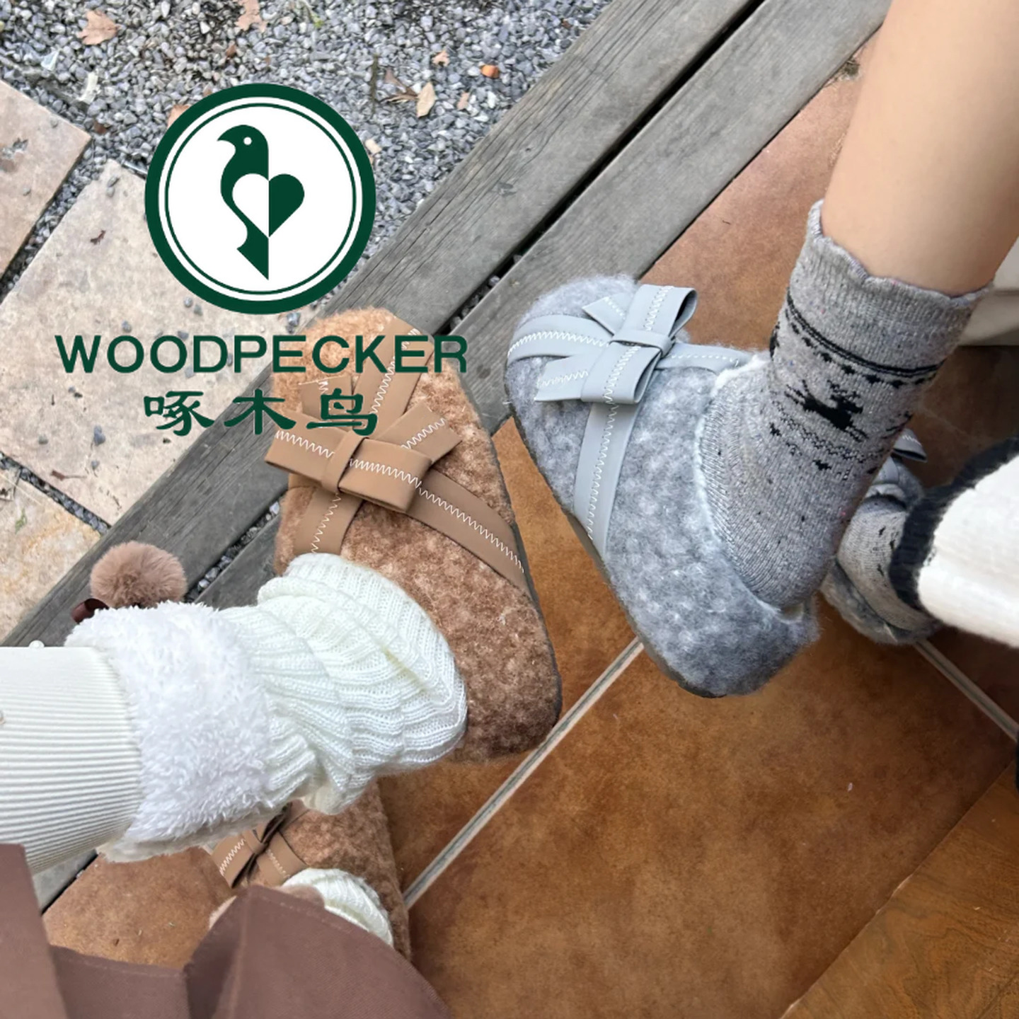 啄木鸟法式复古毛毛拖鞋女外穿2025新款蝴蝶结厚底加绒保暖棉拖鞋