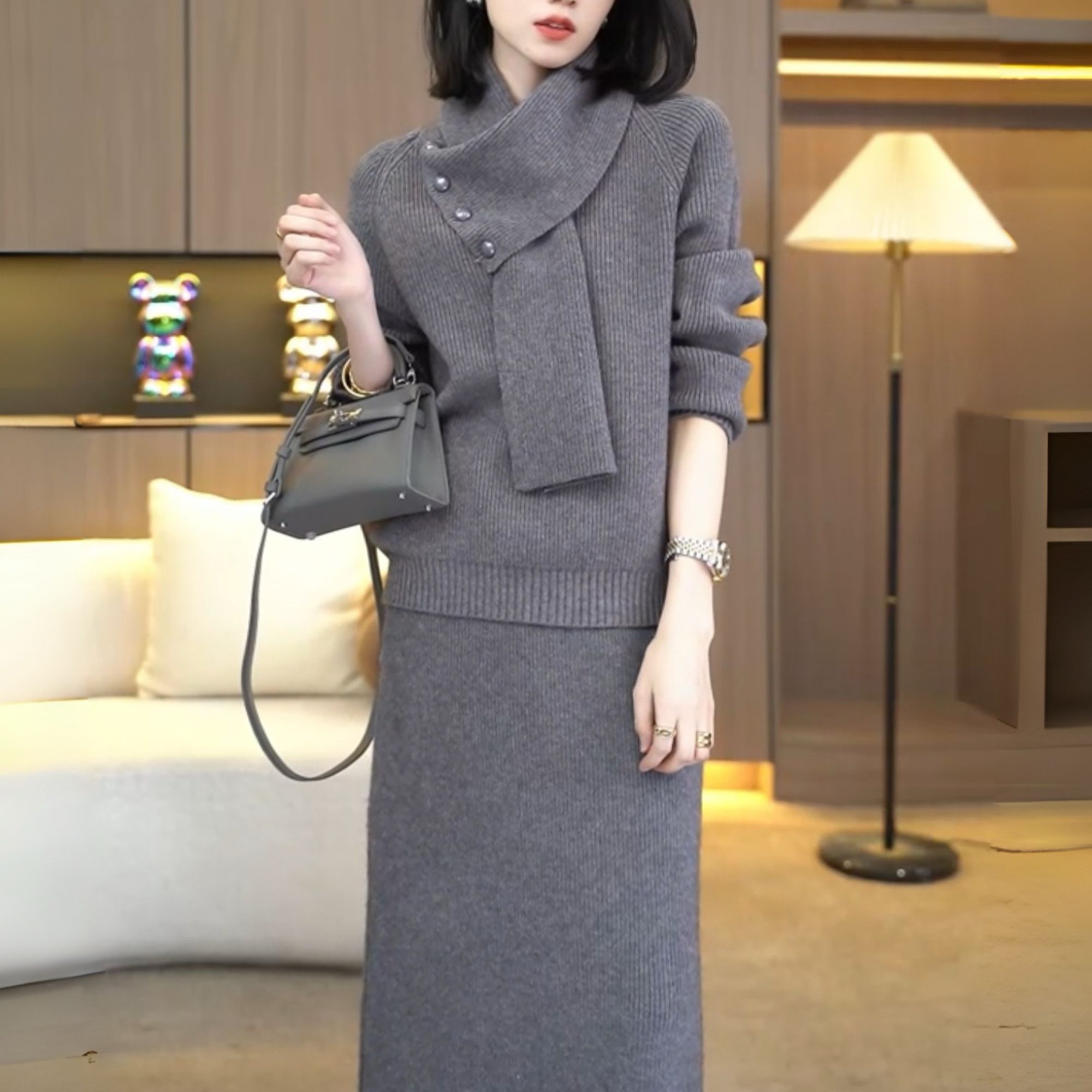 轻奢风秋冬新款高级感配围巾宽松显瘦一整套洋气毛衣裙子两件套装