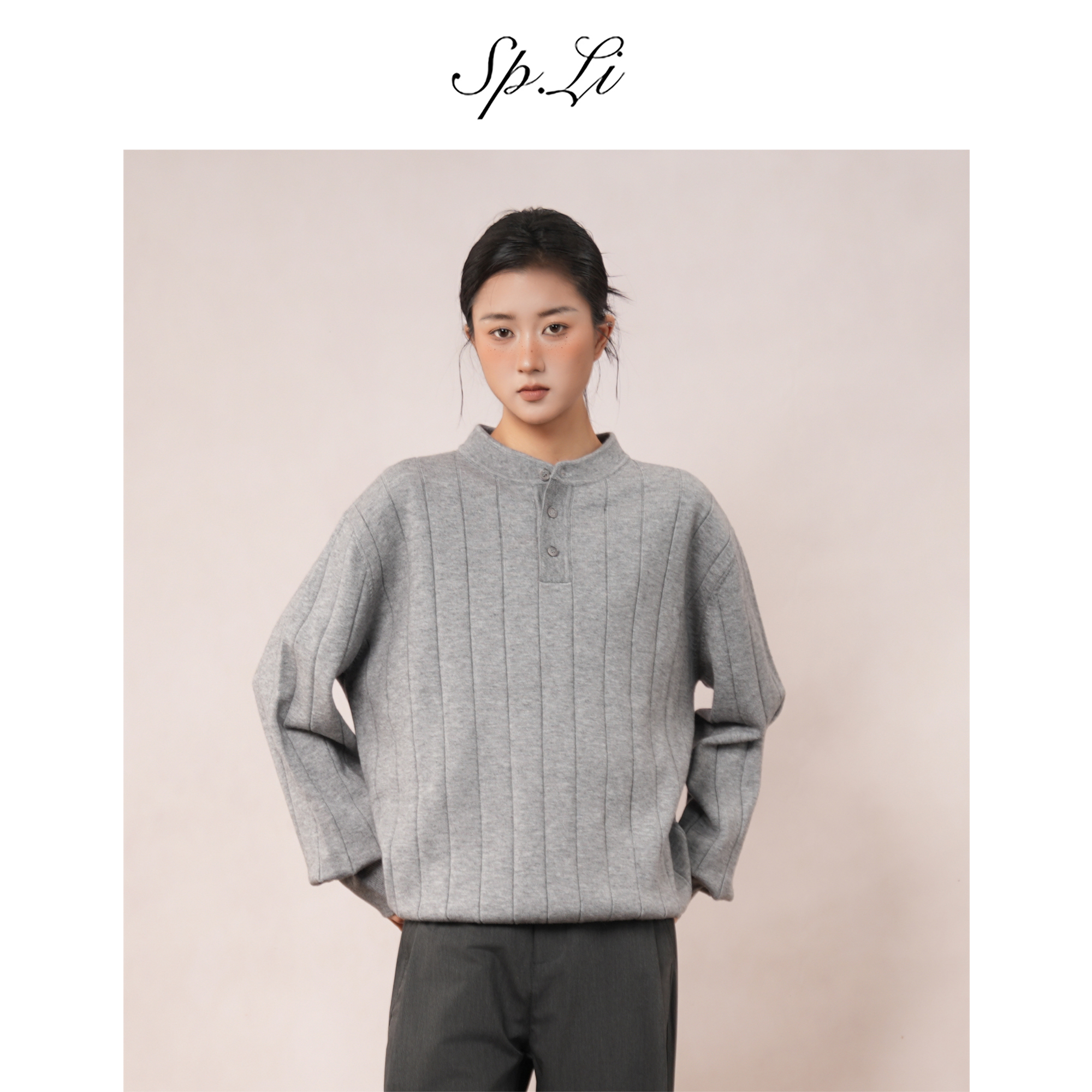 SPLi【纽扣亨利领】纯色秋季长袖毛衣针织衫休闲慵懒风宽松外穿上衣