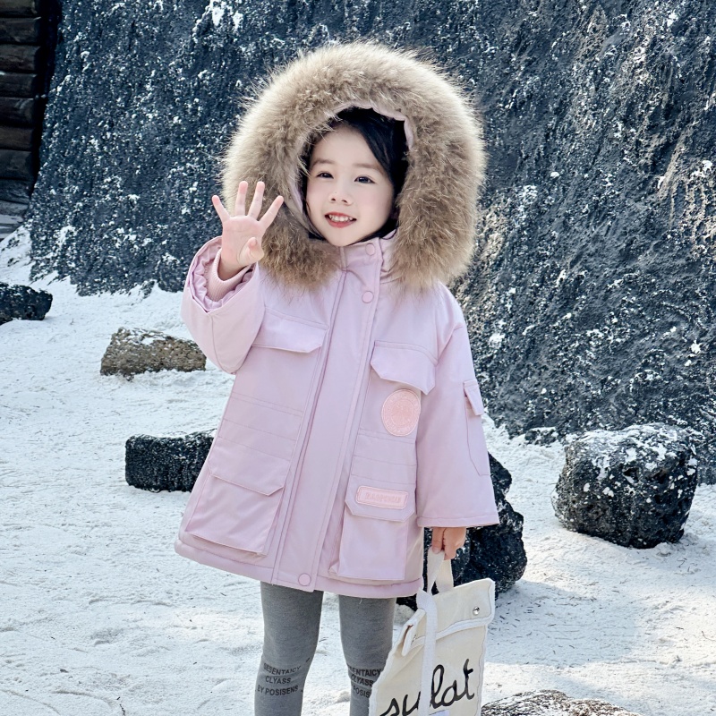 女童棉衣外套2025新款冬季加绒加厚儿童大毛领保暖派克服洋气棉服