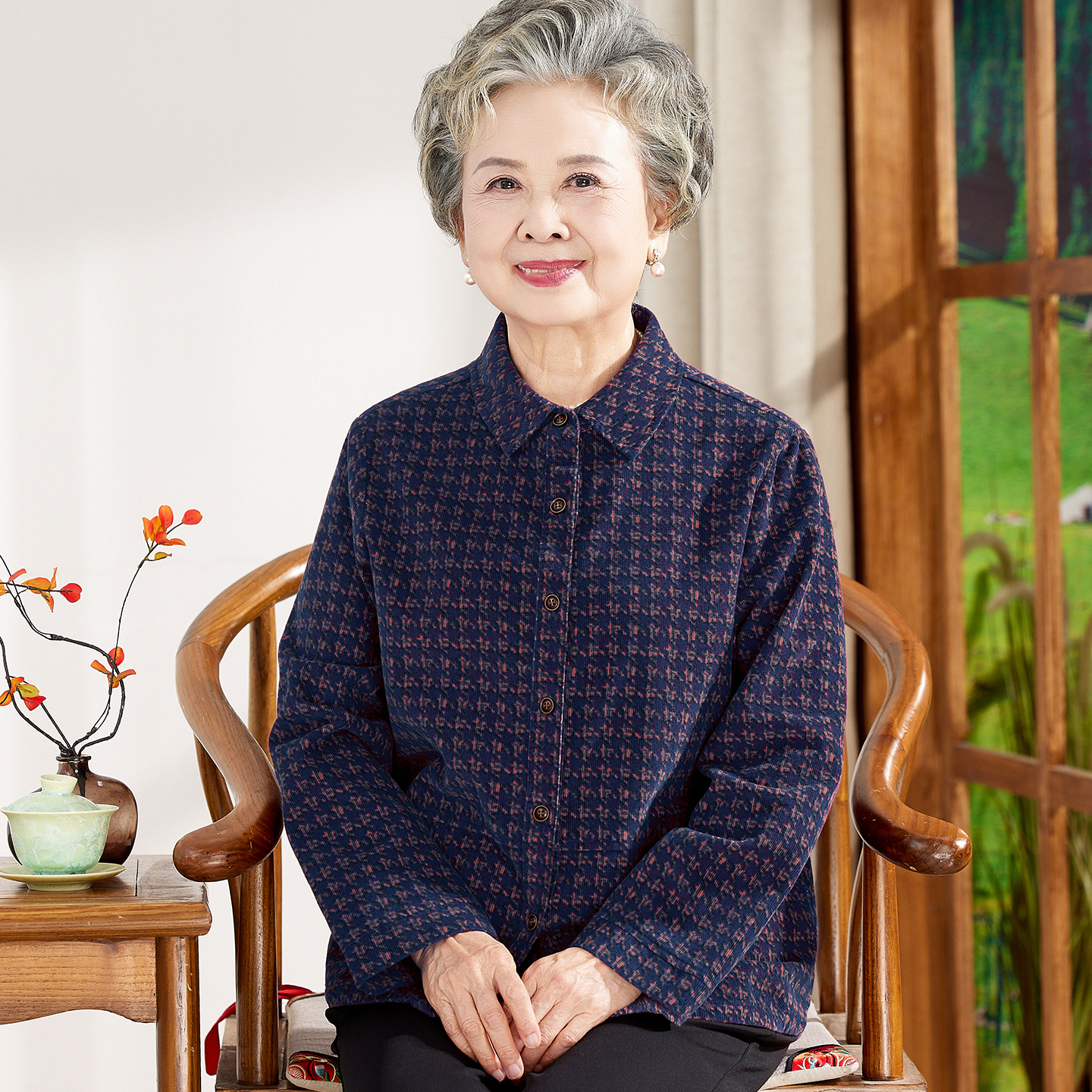 老年人秋装女纯棉长袖衬衫婆婆妈妈春秋天宽松全棉衬衣薄外套奶奶