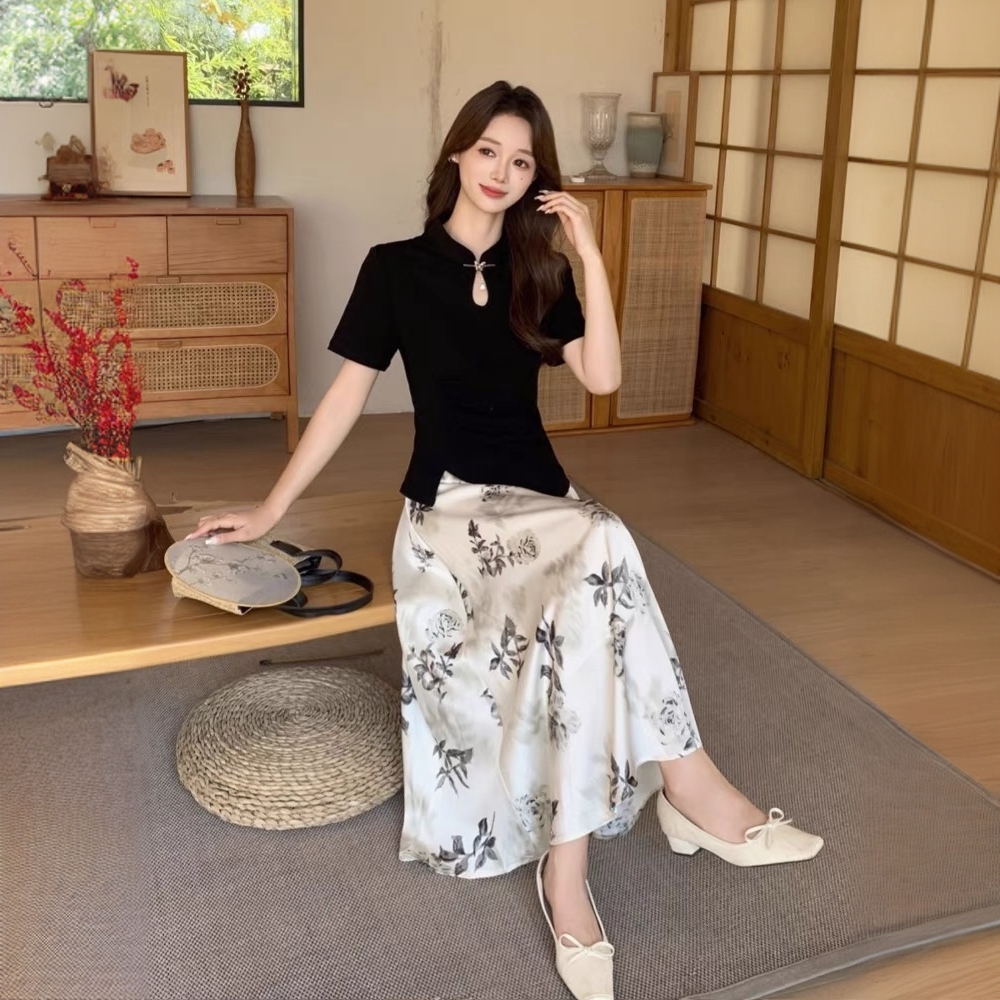 国风气质套装复古新中式上衣水墨印花长裙两件套夏季显瘦小个子