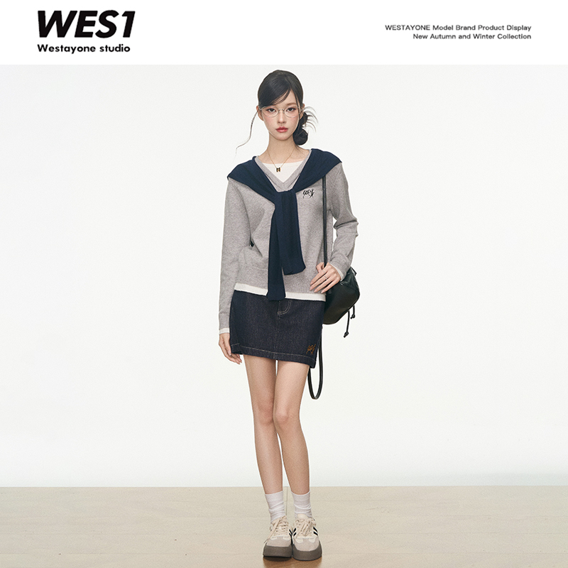 7.20 新品  WESTAYONE 假两件针织上衣女韩系通勤+牛仔短裙