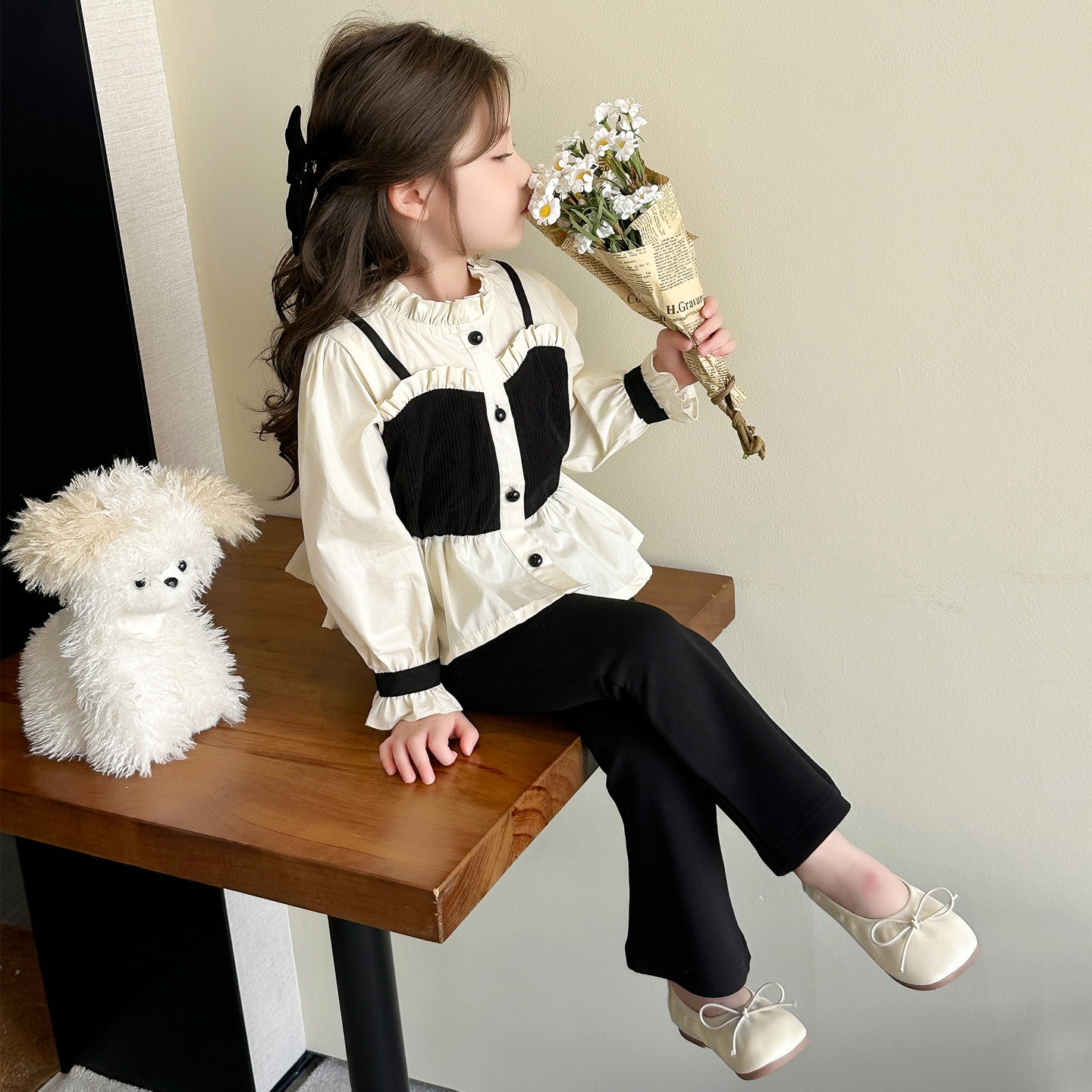 女童套装2025秋季新款洋气赫本风女宝假两件衬衣喇叭裤两件套童装