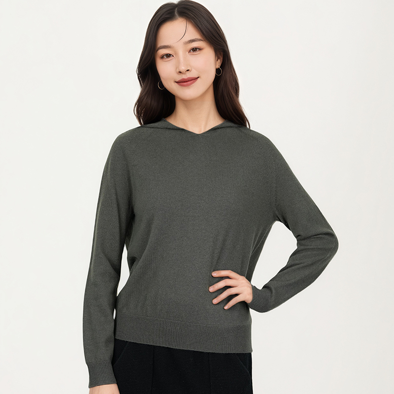 女士100绵羊毛时尚休闲羊毛衫纯色秋冬款连帽针织衫HN667