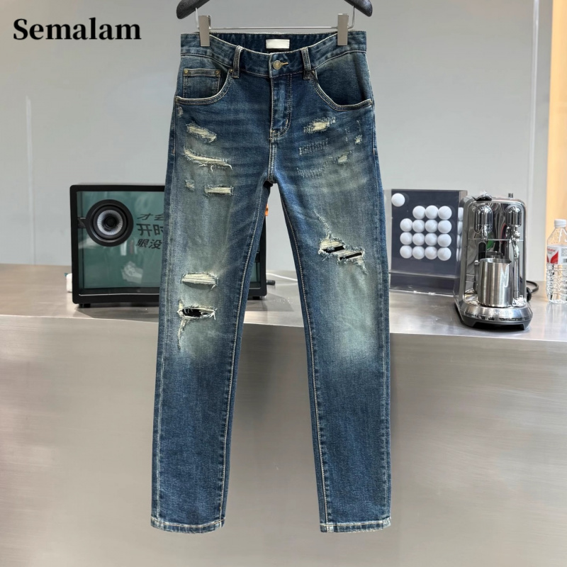 Semalam秋季2025新款潮牌男士修身爆款痞帅破洞男装直筒牛仔长裤