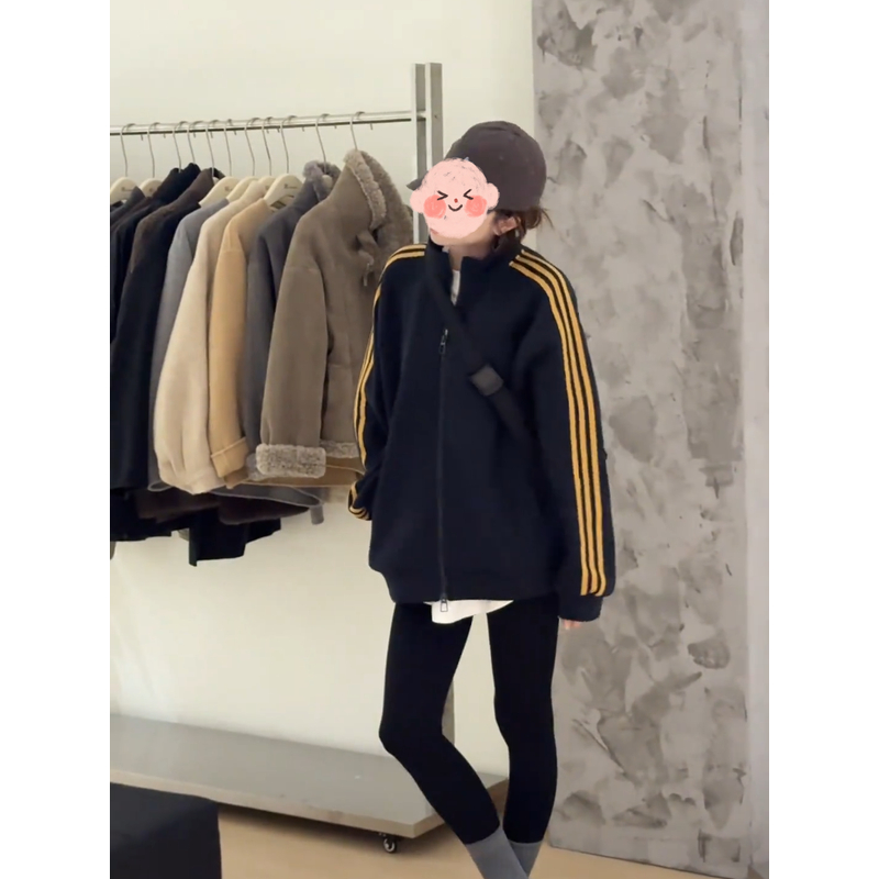 三条杠立领加绒加厚卫衣外套女2025冬季新款简约潮流保暖开衫上衣
