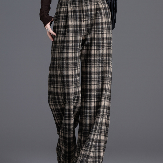格子裤毛呢裤子女春秋季阔腿裤休闲裤慵懒风松弛感羊毛裤直筒长裤
