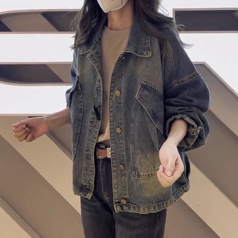 迪卡侬贵宾【热卖款】春秋新款牛仔外套女复古港风宽松显瘦做旧大码