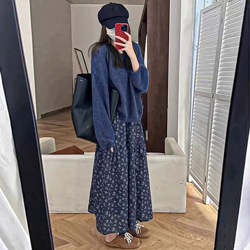 复古藏蓝色碎花半身裙子女春夏田园高腰显瘦a字蛋糕裙中长款伞裙