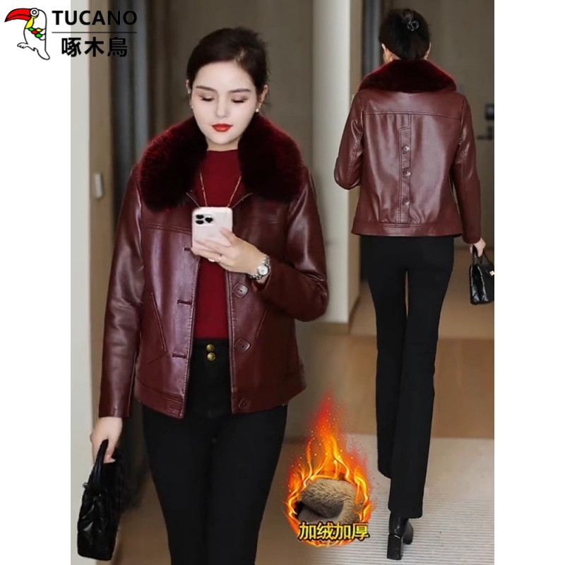 啄木鸟丝绒加厚女式皮夹克2025秋冬新款时尚短毛领保暖Pu皮夹克