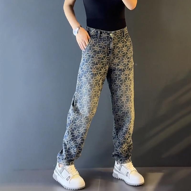 秋冬新款大码潮牌男士时尚新款重工个性牛仔裤直筒休闲老爹长裤子