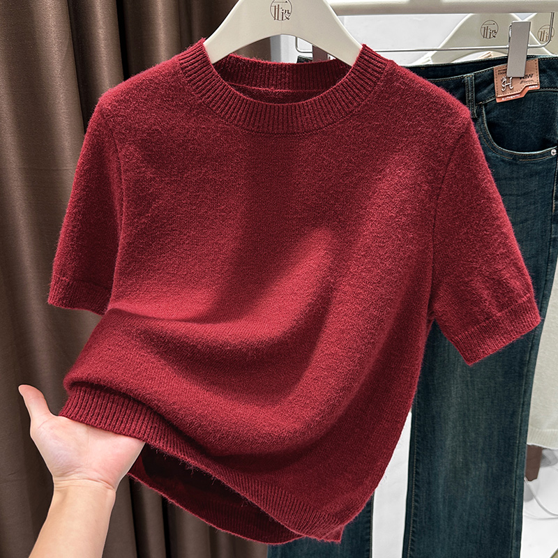 复古酒红色t恤女内搭短袖打底针织衫毛衣高级感安哥拉红高档上衣