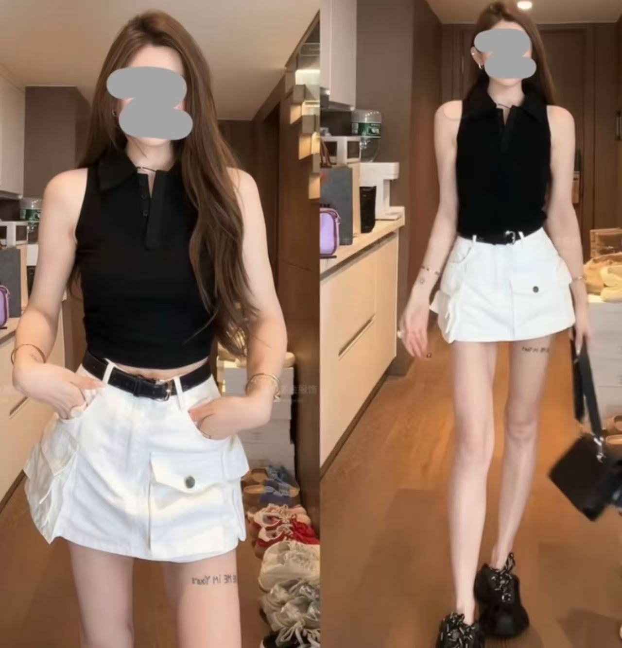 2025夏季时尚洋气韩系POLO领修身无袖背心显瘦工作牛仔短裙裤套装