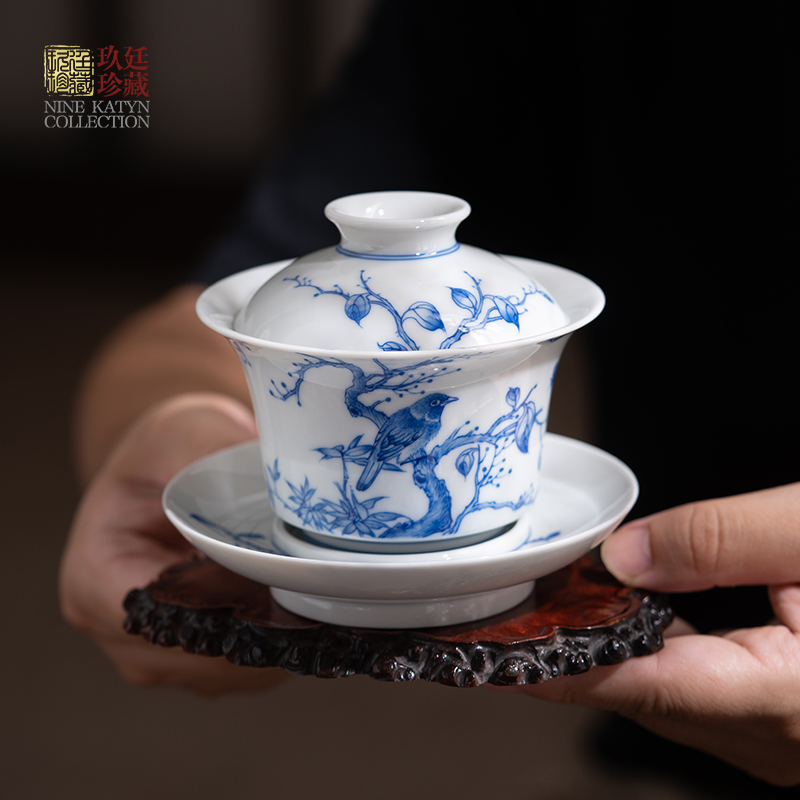 景德镇手工陶瓷三才盖碗手绘青花泡茶碗中式花鸟高档功夫茶具送礼