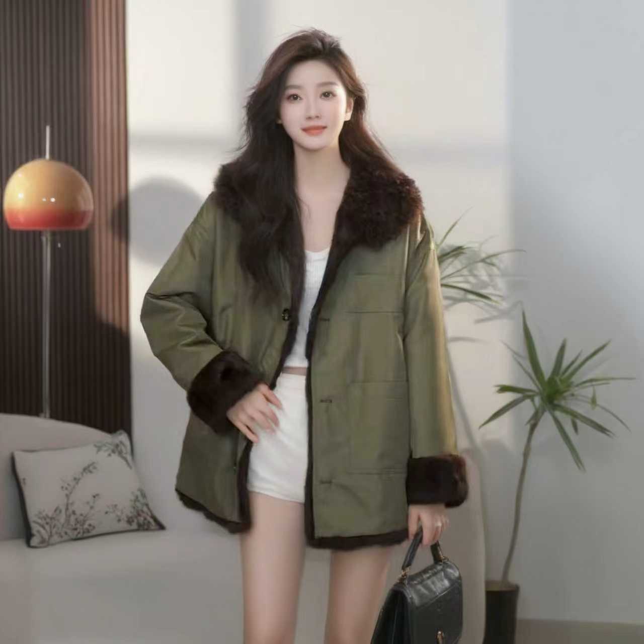 人造皮草 反季节正反两面穿派克服女中长款户外时尚风衣爆款洋气