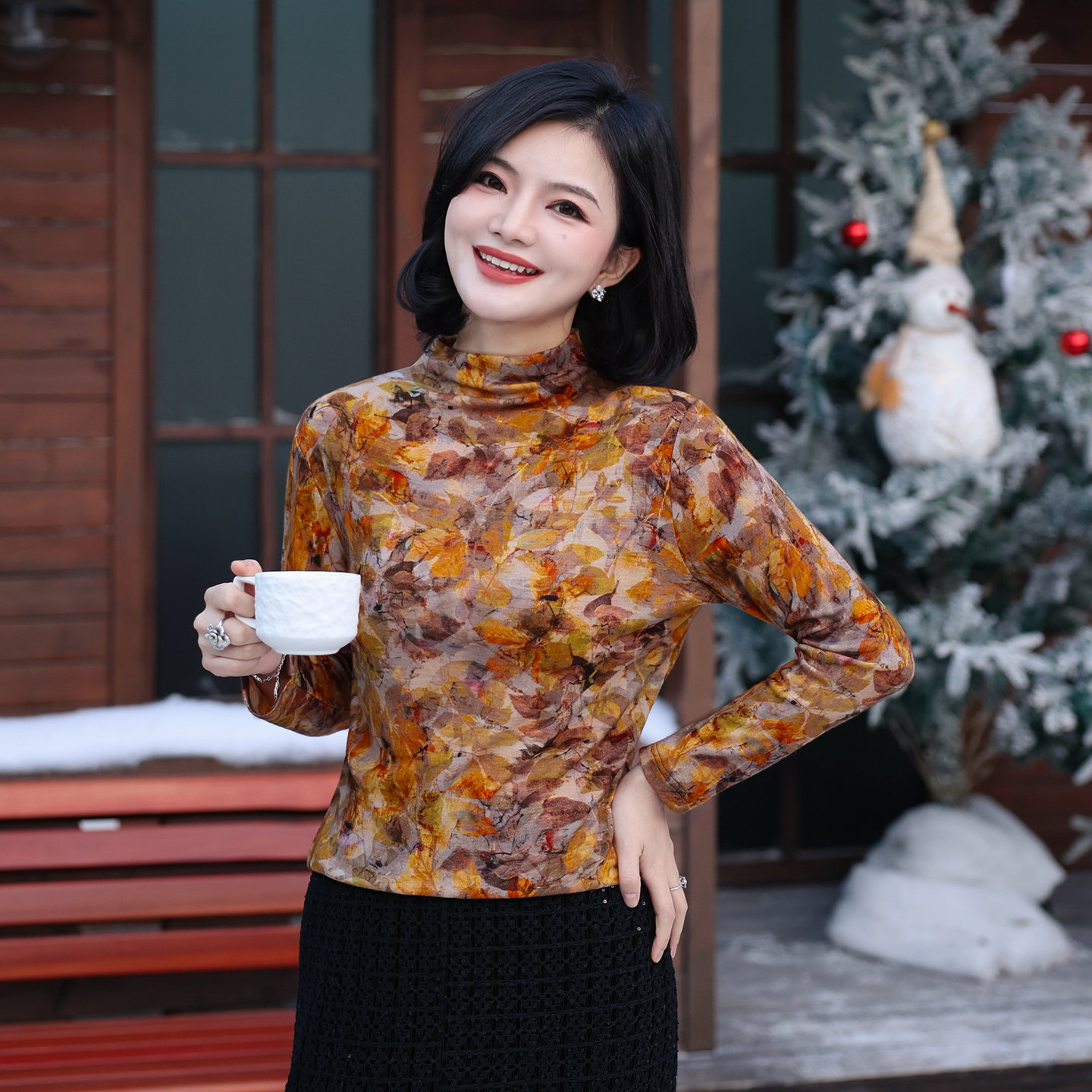 枫竺阿楠anan气质半高领印花保暖打底羊毛衫女冬季洋气高贵上衣