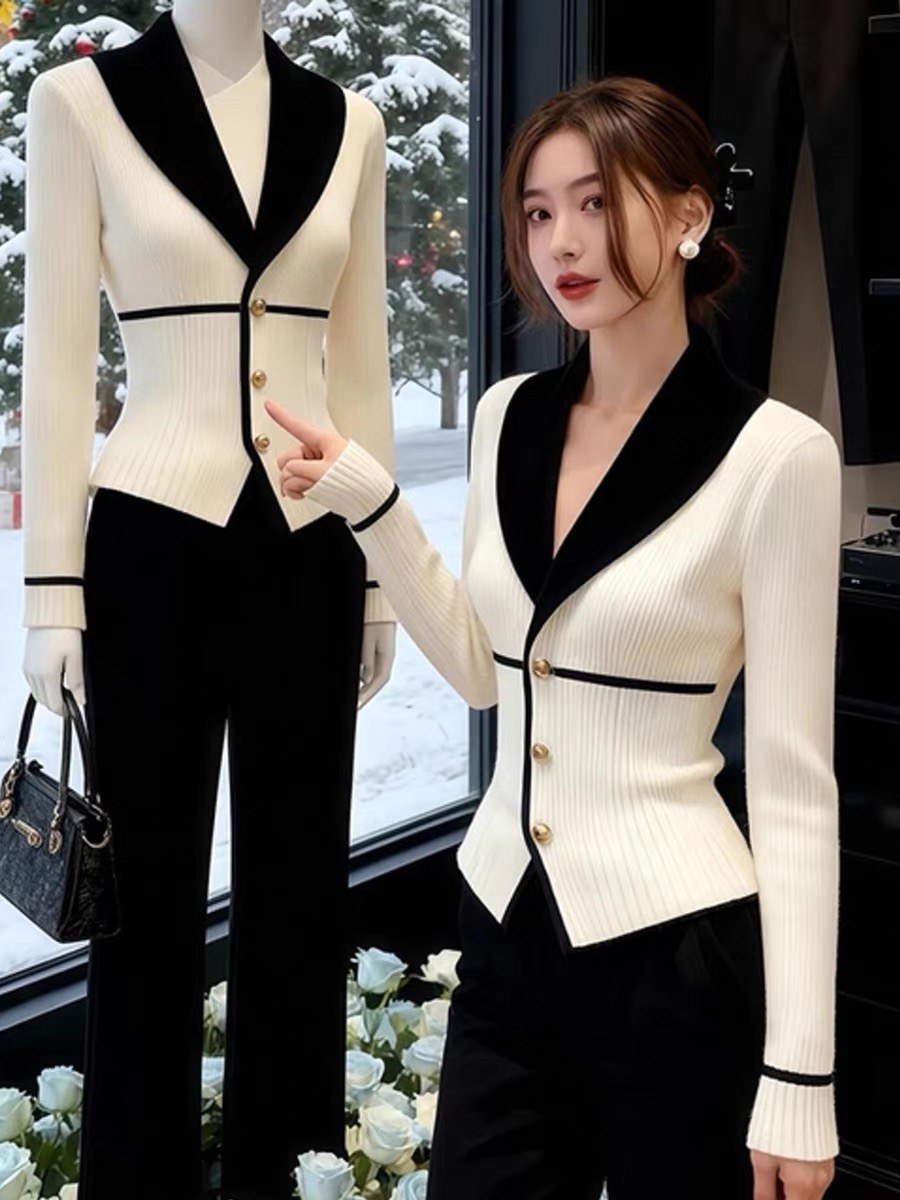 时尚优雅风翻领长袖毛衣针织开衫女秋冬新款通勤洋气收腰小衫潮