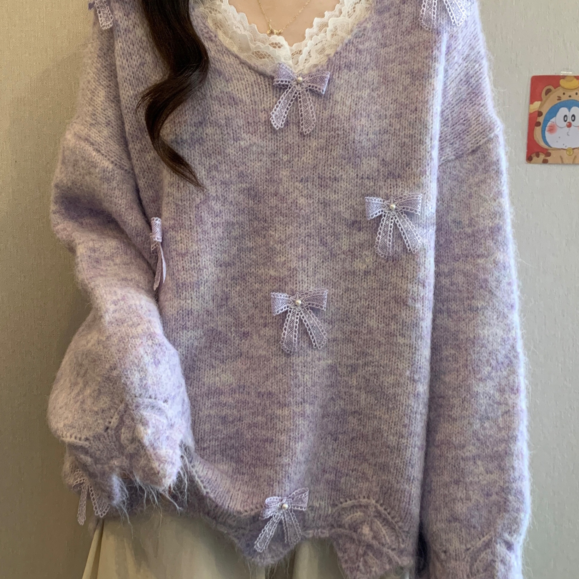 紫色花边V领蝴蝶结针织衫毛衣女2025新款大码胖mm软糯巨好看上衣