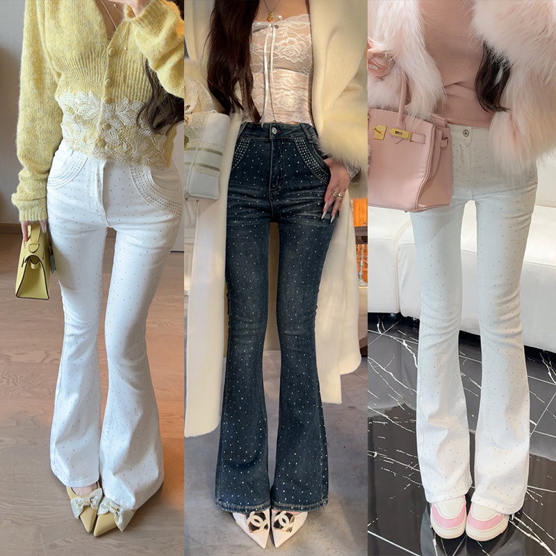 小雨姐姐【聚光焦点】休闲时尚满天星钻显瘦喇叭牛仔裤女秋冬新款