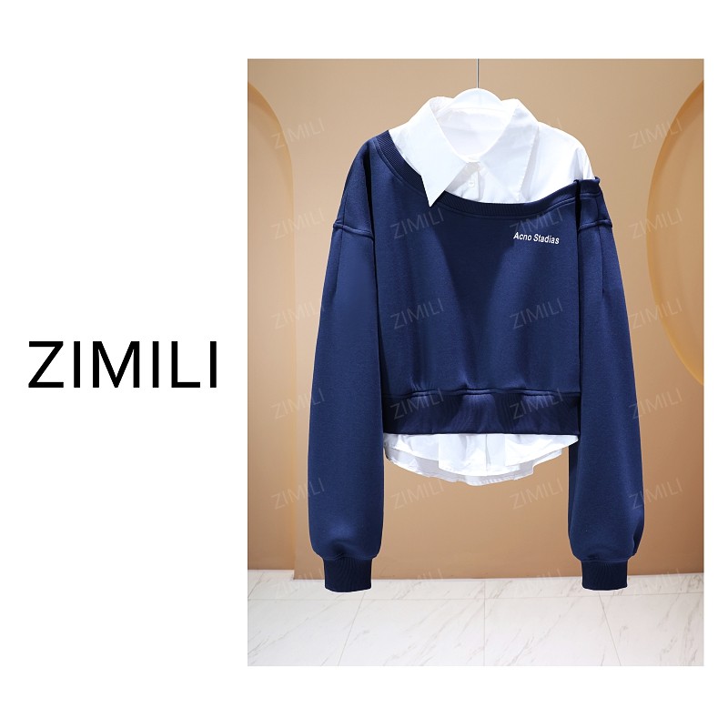 【亮哥女装】2025冬季加厚《肃穆》藏蓝色拼接衬衫假两件卫衣6685-K5