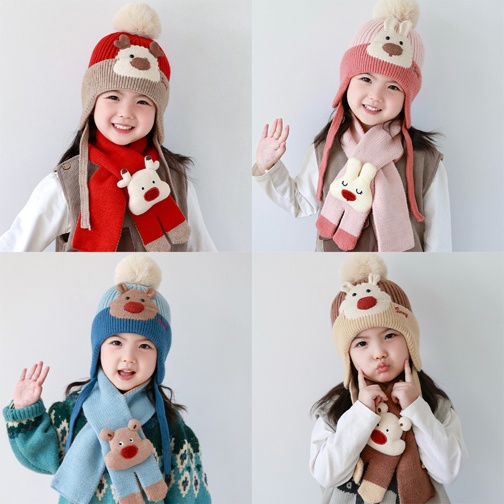 儿童帽子围巾两件套秋冬季宝宝针织毛线帽卡通男女童加厚保暖套帽