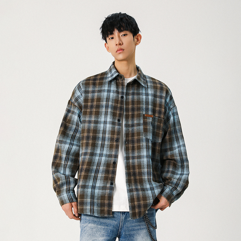 VUUG美式磨毛格子衬衫外套男款春秋宽松老钱风性冷淡风长袖衬衣服