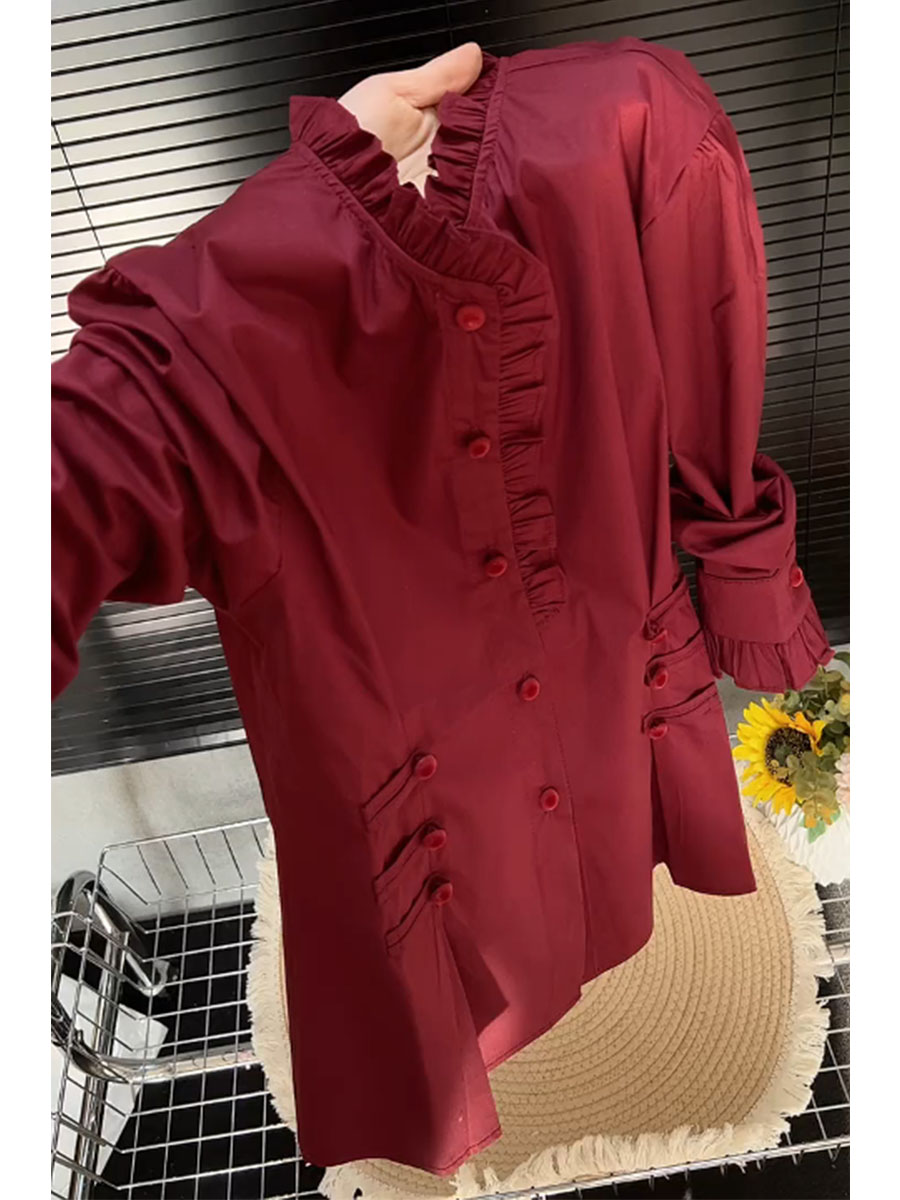 2025冬季爆款红色衬衫女木耳边修身显瘦复古国风气质百搭长袖上衣