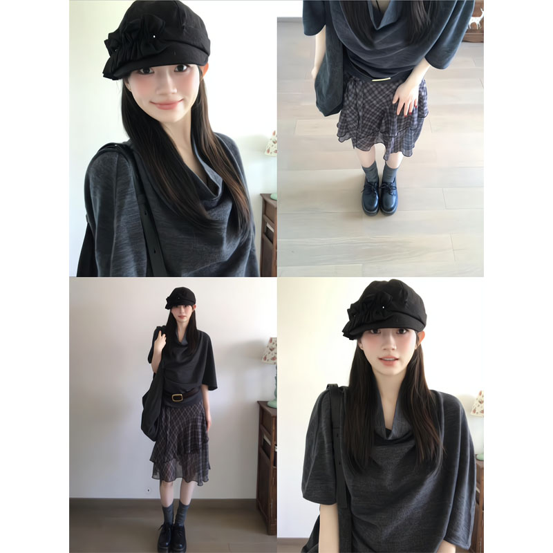 洋气衣服女不对称蝙蝠袖堆堆领慵懒针织上衣下摆拼接格子半身裙