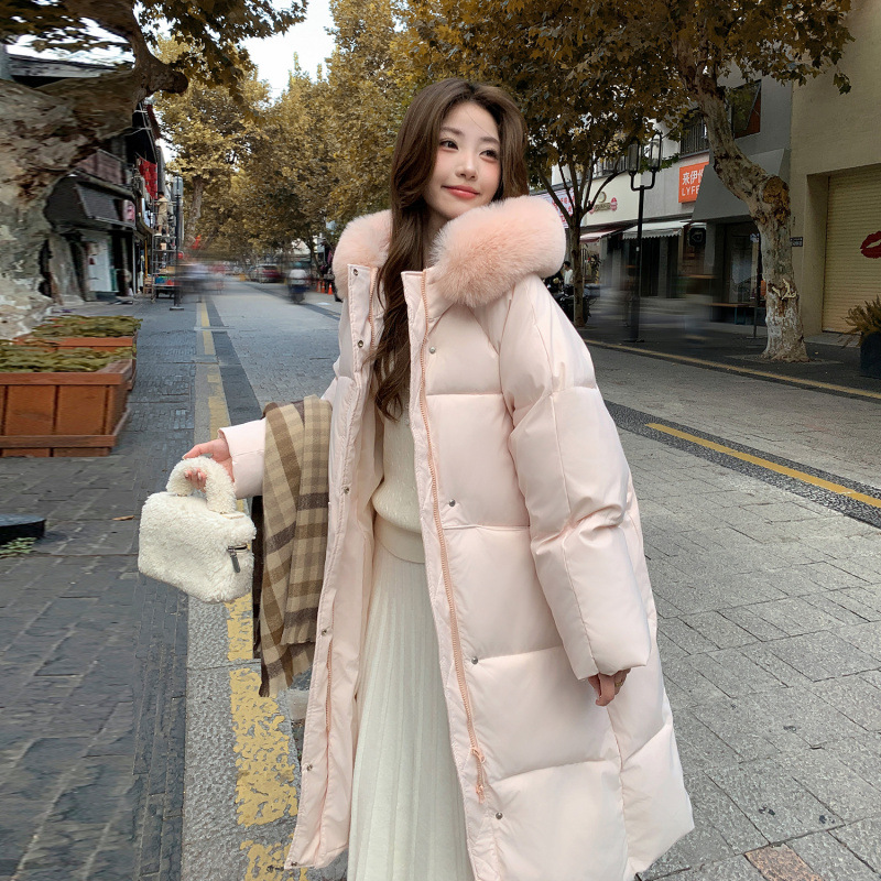 2025年新品粉色羽绒棉大ins毛领短过膝中长款加厚时尚保暖羽绒服